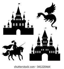 illustration silhouette of a castle, a knight and a dragon, vector, art, design element, abstract