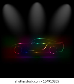 Illustration silhouette of colorful car in darkness - vector 