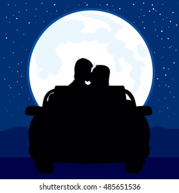 Illustration of silhouette couple kissing on car with full moon background