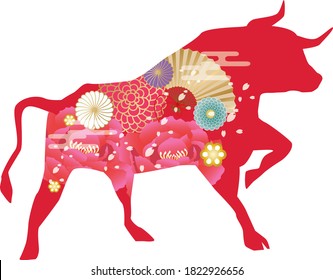 Illustration of silhouette of cow and floral pattern on white background, 2021 New Year's card material