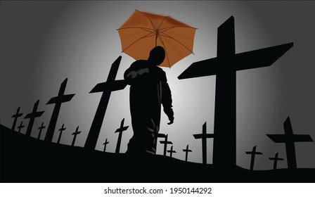 Illustration silhouette of cross headstone and person in grave. Mass graves during the corona virus pandemic. Nuances of death and horror at a funeral