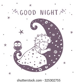 illustration silhouette cute baby is sleeping on the moon with owl. Vector illustration