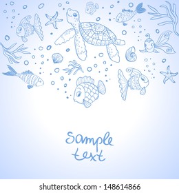 Illustration Silhouette cute Turtle and Fish