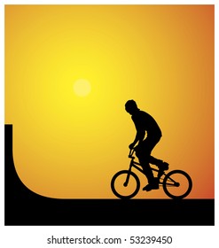 Illustration of a silhouette of a cyclist. A teenager riding a bicycle. In the background the sun shines brightly.