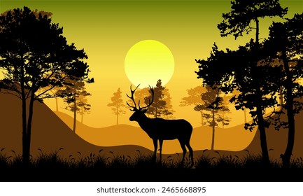 illustration with the silhouette of a deer in the forest