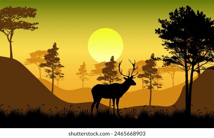 illustration with the silhouette of a deer in the forest