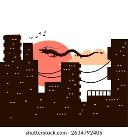 ilustração de design de silhueta da cidade e dragão voador da China ao anoitecer
