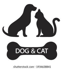 illustration silhouette of dog and cat with bone and text on white background