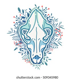Illustration with a silhouette of a dog skull. Animal skull with the decor of flowers, foliage, herbs. Modern print  for poster, banner, tattoo, fabric, t-shirts, textile. Vector. 