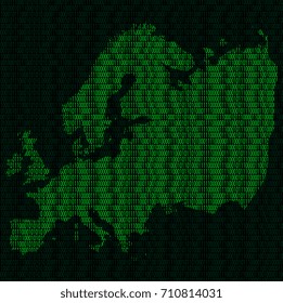 Illustration of silhouette of Europe from binary digits on background of binary digits