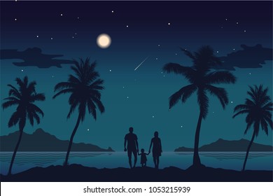 Illustration silhouette family walking on the beach in night time