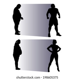 illustration of silhouette fat people becoming slim