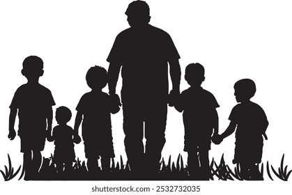 Illustration and silhouette of a father with his children, Vector of a father playing with his children	
