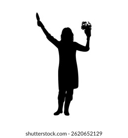 Illustration of a silhouette of a female gardener carrying a small shovel and carrying flowers in a pot