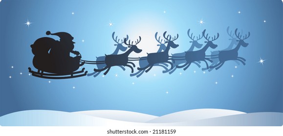 Illustration of Silhouette Flying Santa and Christmas Reindeer