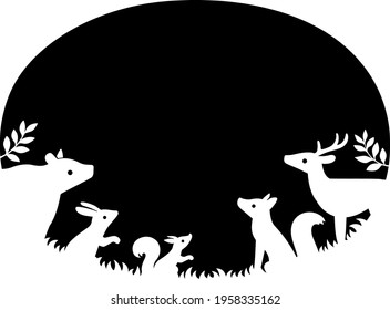 Illustration of silhouette frame of forest animals (bear, rabbit, squirrel, fox, deer)