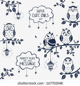 illustration silhouette of funny owls sitting on a branch