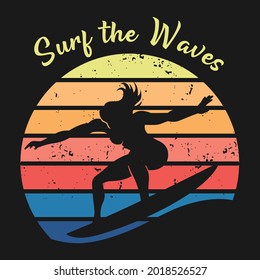 Illustration of silhouette girl on surfing board with colorful vintage style for summer poster