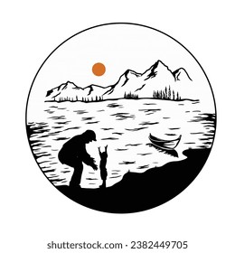 illustration of the silhouette of a grandfather and his grandson on the edge of a mountain lake