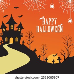 Illustration silhouette haunted house on orange background.Halloween background.Vector illustration