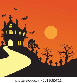 Ilustración silueta casa encantada sobre fondo naranja. Fondo de Halloween. Ilustración vectorial