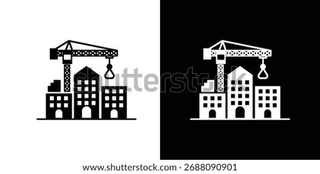 Illustration of a silhouette icon showcasing a construction site with a crane over the buildings on a transparent background.