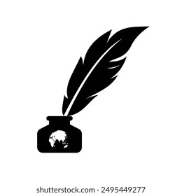 Illustration silhouette of an ink tank with a globe and quill, icon, card, banner background, symbol of international literacy day September 8