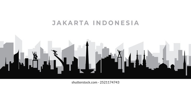  illustration of silhouette of jakarta indonesia city skyline sketch design.flat illustration of jakarta indonesia in silhouette design