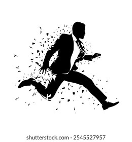 Illustration of silhouette of jumping business man with dispersion effect. Man in suit and tie is captured in dynamic jump. Change, innovation, energy, motivation, success, achieving goals 