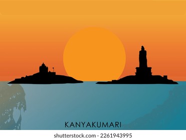 illustration of a silhouette of the Kanyakumari sunrise with Thiruvalluvar statue and Vivekanandha Memorial