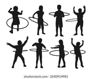 illustration silhouette of kid play hula hoop collection set