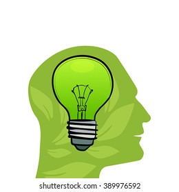 Illustration with silhouette and lightbulb, isolated on white background