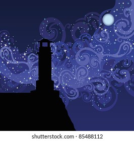 Illustration with silhouette of lighthouse on blue sky with stars and milky way