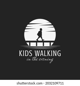 Illustration silhouette Little Boy Walking at Night, Kids Walking in the Evening logo design