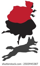 
 Illustration of a silhouette with Little Red Riding Hood and the wolf running together