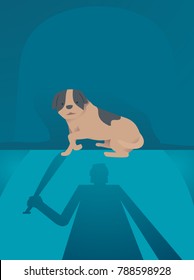 Illustration Of A Silhouette Of A Man With A Bat And A Scared Dog In The Dark