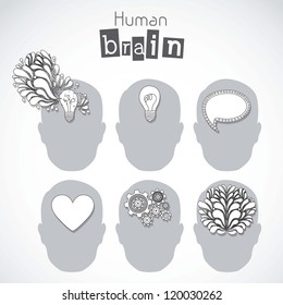 Illustration of silhouette of man with brain, bulb, heart and gears, vector illustration