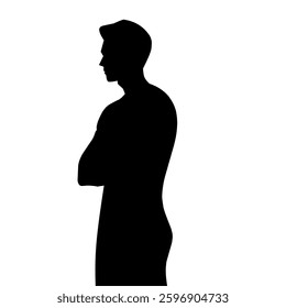 illustration of a silhouette of a man with crossed arms, symbolizing thinking, decision-making, and contemplation. Ideal for business, psychology, and self-reflection themes