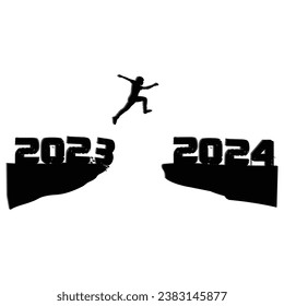 Ilustración de un hombre de silueta saltando del precipicio de 2023 al acantilado de 2024 año nuevo aislado fondo blanco