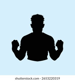 Illustration of a silhouette of a man raising both hands in a clenched fist position, showing an expression of enthusiasm, strength, and victory in a simple style on a light blue background.