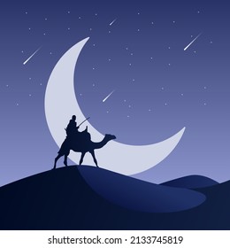 illustration of silhouette man riding camel in desert with beautiful crescent moon, islamic or ramadan design vector template.