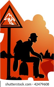 Illustration of silhouette of man sitting with road sign	