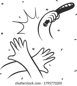 illustration of silhouette, man in uniformed outfit swinging by baton compliance tool to his unarmed opponent who raised hands up. Isolated sketch object. Flat vector illustration