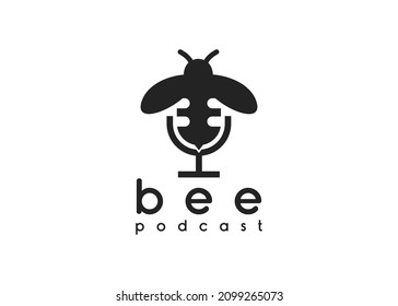 Illustration Silhouette Microphone with Bee Bumblebee Insect Bug for Podcast logo design