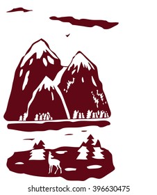 Illustration of silhouette of the mountains burgundy colour with a deer 