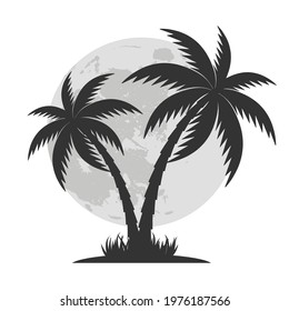 illustration silhouette of palm tree on moon background.