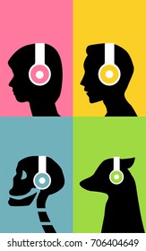 Illustration silhouette of people, a skeleton and a dog enjoying music with headphones in flat minimal design Vector