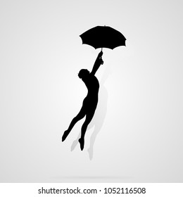 illustration of the silhouette of a person jumping with an umbrella.