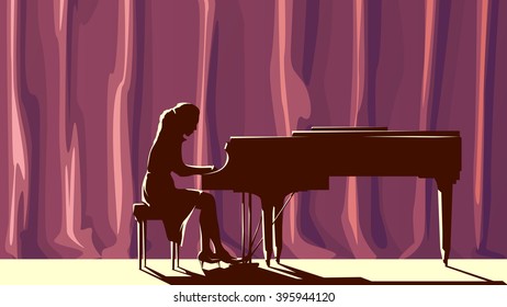 Illustration of silhouette pianist in concert hall in spotlight.