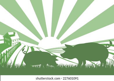 An illustration of a silhouette pigs in a field on a farm with sunrise and farmhouse in the background